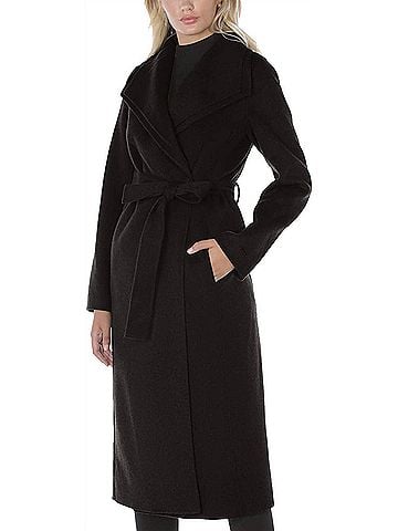 T Tahari Women's Double Layered Collar Belted Wool Long Coat in Black (view 2)