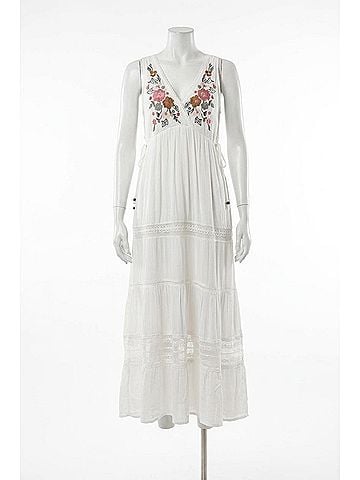 Angie V-Neck Sleeveless Tiered Dress With Embroidery in Ivory (view 1)