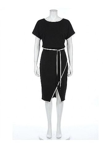 Joseph Ribkoff Contrast Trim Waist Tie Front Slit Sheath Dress in Black/Off-White (view 1)