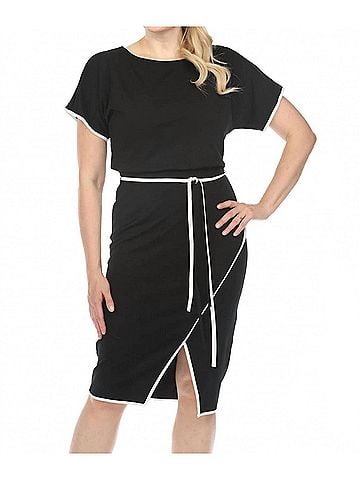 Joseph Ribkoff Contrast Trim Waist Tie Front Slit Sheath Dress in Black/Off-White (view 2)
