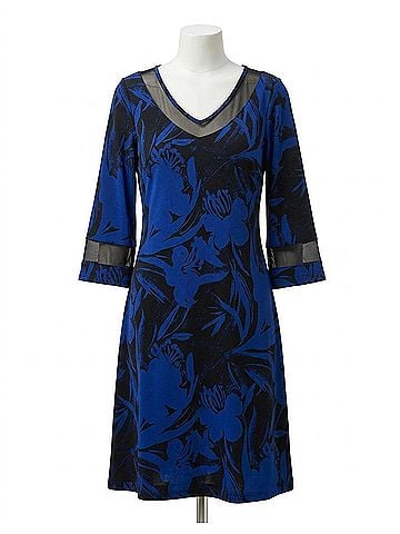 Joseph Ribkoff Floral Print V-Neck 3/4 Sleeve A-Line Dress in Black/Royal Sapphire (view 1)