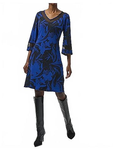 Joseph Ribkoff Floral Print V-Neck 3/4 Sleeve A-Line Dress in Black/Royal Sapphire (view 2)