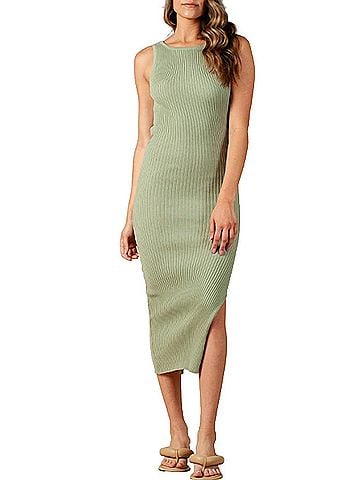 LUCCA Amaryllis Open-Back Ribbed Knit Midi Dress in Sage (view 2)