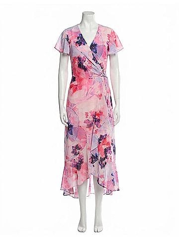 Joseph Ribkoff Printed Chiffon High Low Wrap Dress in Pink Multi (view 1)