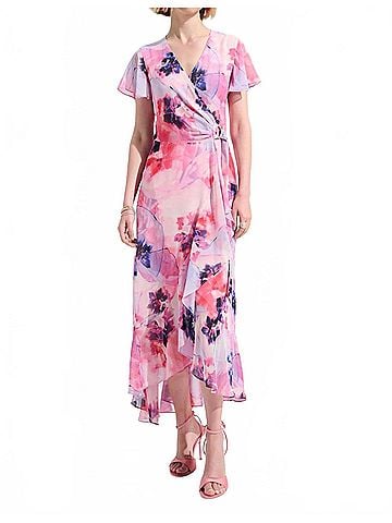 Joseph Ribkoff Printed Chiffon High Low Wrap Dress in Pink Multi (view 2)