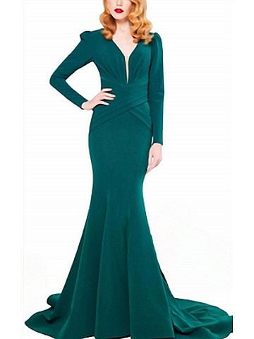 MNM Couture Long Sleeve Gown With Train in Emerald (view 2)