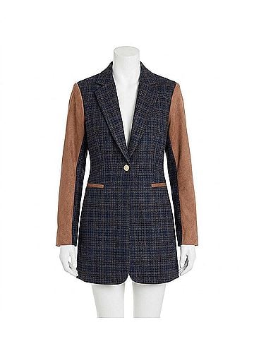 Tahari by ASL Plaid And Suede Blazer in Navy/Tawny (view 1)