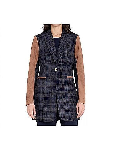 Tahari by ASL Plaid And Suede Blazer in Navy/Tawny (view 2)
