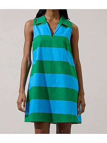 Sugarlips Valady Striped Collared Shift Dress in Blue Green Stripe (view 2)