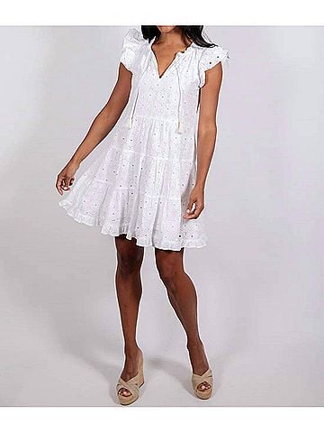 Sail to Sable Ruffle Neck Dress With Tassels in White (view 2)