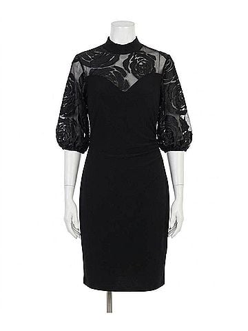 Joseph Ribkoff Gold Rose Appliqué Sheer Yoke Bodycon Dress in Black (view 1)