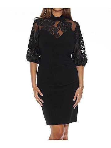 Joseph Ribkoff Gold Rose Appliqué Sheer Yoke Bodycon Dress in Black (view 2)