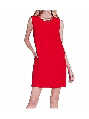 Jade Embelished Neck Shift Dress in Red (view 2)