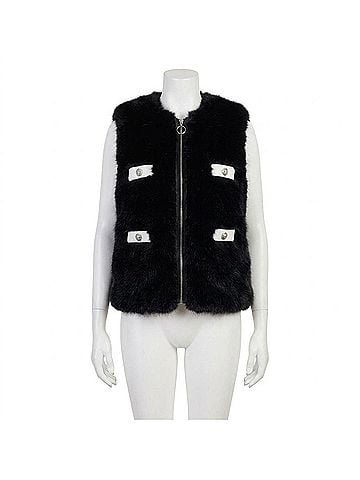 Dolce Cabo Fake Fur Vegan Leather Trimmed Vest in Black/ White (view 1)