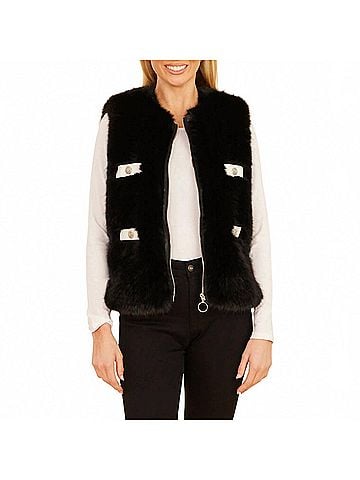 Dolce Cabo Fake Fur Vegan Leather Trimmed Vest in Black/ White (view 2)
