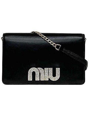 Miu Miu Miu Miu Miu Chain Shoulder Wallet Bag 5BP004 245 MIUMIU Leather Rhinestone NERO Black Women's (view 1)