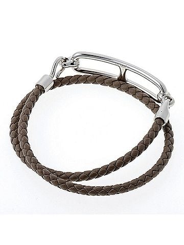 Hermès Hermes leather bracelet, Louli Double Tour, Veau Swift, Etoupe, Silvery (view 2)