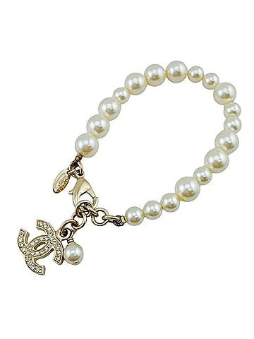 Chanel Chanel Coco Mark A12A Bracelet GP Rhinestone Faux Pearl White Gold Women's CHANEL (view 2)