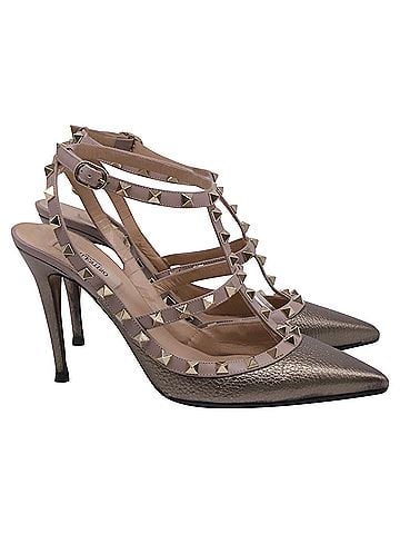 Mario Valentino Valentino Garavani Rockstud T-Strap Pumps in Metallic Bronze Leather (view 1)