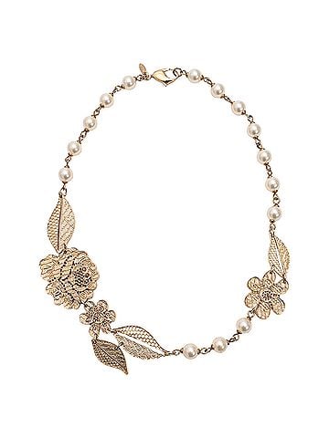 Chanel Chanel Lace Flower Faux Pearl Necklace in Gold Metal (view 1)