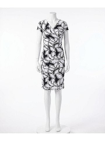 Joseph Ribkoff Leaf Print Faux Wrap Sheath Dress in Midnight Blue/Vanilla (view 1)