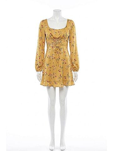En Creme Front Lace-Up Mini Dress in Gold (view 1)