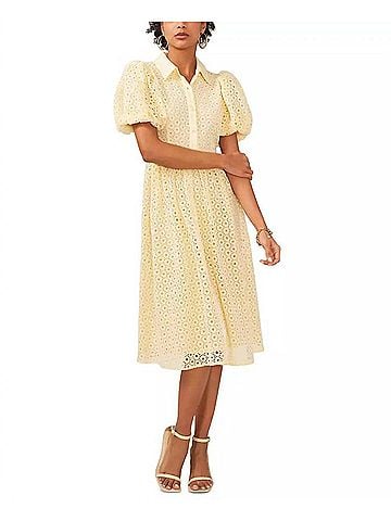 CeCe Balloon-Sleeve Cotton Dress in Lemon Ice (view 2)