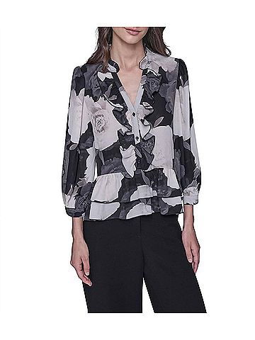 Karl Lagerfeld V-Neck Floral Print Ruffle Blouse in Charcoal (view 2)