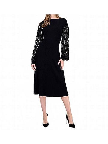 T Tahari Embellished-Sleeve Ribbed Dress in Black / Black Sequin (view 2)