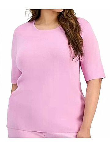 Tahari by ASL Round Neck Short Sleeve Sweater Tee Shirt - Plus in Pink Macaroon (view 2)