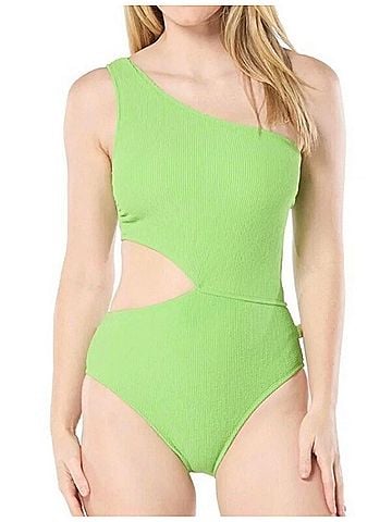 Michael Kors One Shoulder Side Cutout Swimsuit in Green Apple (view 2)