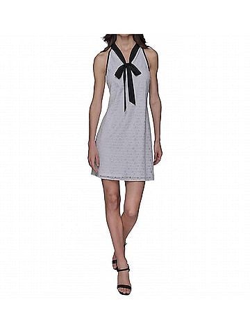 Karl Lagerfeld Geo-Lace Tie-Neck Shift Dress in Soft White (view 2)