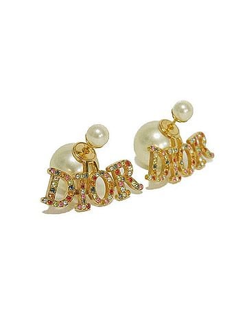 Christian Dior Christian Dior Dior earrings, tribal design, clear colored stones, multicolor gold crystal logo, resin pearl, ivory, E1617TRICY_665U, women's. (view 2)