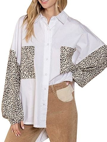 Pol POL Clothing Leopard Print Contrast Over-sized Button-Down Shirt (view 1)