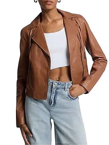 MICHAEL Michael Kors Leather Biker Jacket Jacket (view 2)