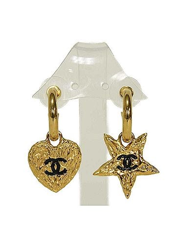 Chanel Chanel earrings, Coco Mark, heart, star, hoop, enamel, black, swing, stud, B24P, CC mark, plated gold, women's. (view 1)