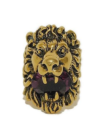 Gucci Gucci ring, crystal lion head design, faceted plated, aged finish, rhinestone, clear purple, 402763 J1D50 8034, men's and women's jewelry. (view 1)