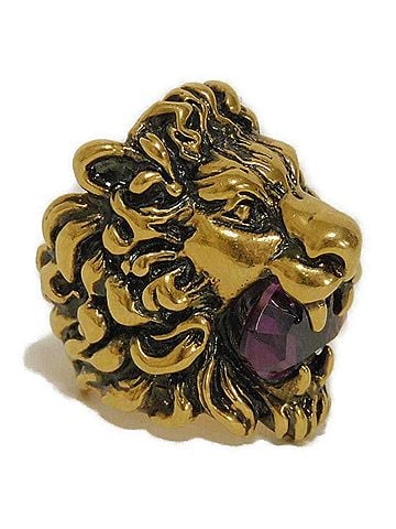 Gucci Gucci ring, crystal lion head design, faceted plated, aged finish, rhinestone, clear purple, 402763 J1D50 8034, men's and women's jewelry. (view 2)