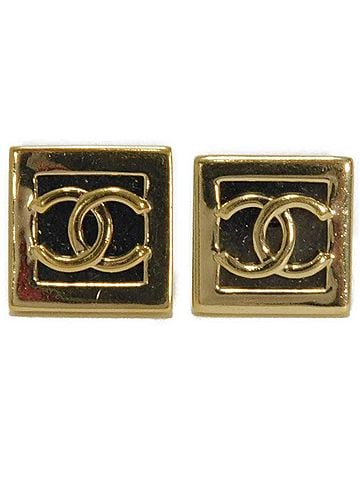 Chanel Chanel earrings, Coco Mark square, A23B, gold clip-on, CC mark, metal, black, women's. (view 1)