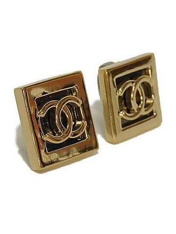Chanel Chanel earrings, Coco Mark square, A23B, gold clip-on, CC mark, metal, black, women's. (view 2)