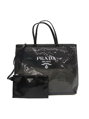 Prada Logo Open Sequined Mesh Black Mesh Tote Bag Bag (view 1)