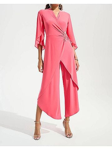 Joseph Ribkoff Chiffon Sleeves Wrap Tulip Wide Leg Jumpsuit in Paradise Coral (view 2)
