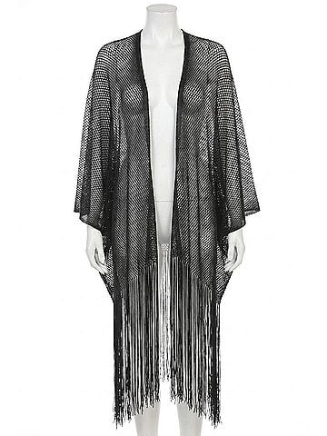 Joseph Ribkoff Fringe Open Stitch Longline Cover-Up in Black (view 1)
