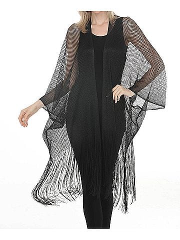 Joseph Ribkoff Fringe Open Stitch Longline Cover-Up in Black (view 2)