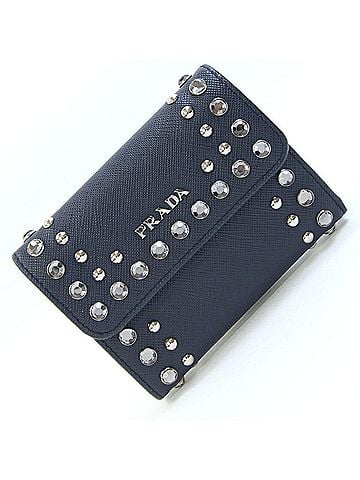 Prada Prada Tri-fold Wallet 1MH840 Navy Leather Compact with Rhinestones and Studs for Women PRADA (view 1)