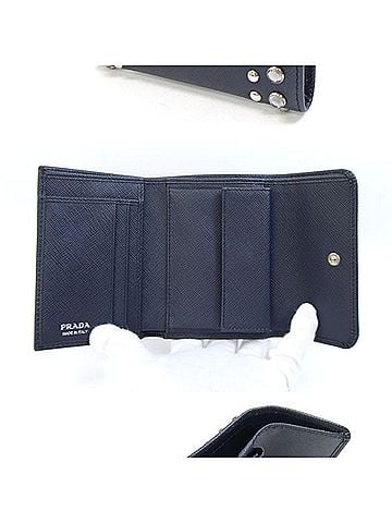 Prada Prada Tri-fold Wallet 1MH840 Navy Leather Compact with Rhinestones and Studs for Women PRADA (view 2)