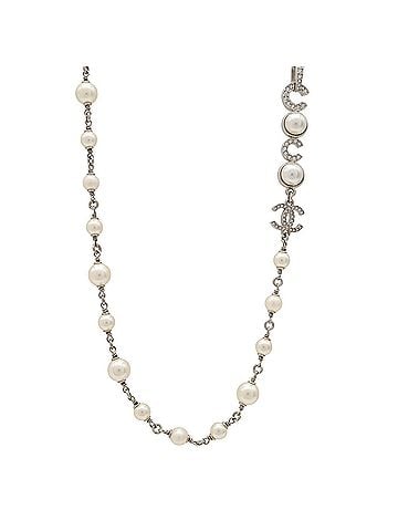 Chanel CHANEL Coco Mark Faux Pearl Long Necklace Pendant Metal Rhinestone Cream Silver I25S (view 2)