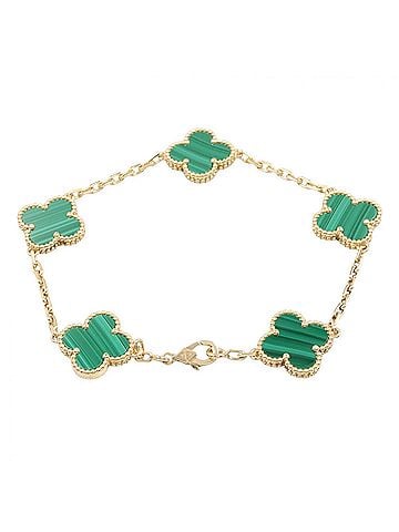 Van Cleef & Arpels Van Cleef &amp; Arpels Vintage Alhambra Malachite 5P Bracelet, 18K (Yellow Gold), Malachite, Women's, Gold/Green Tone, VCARL80900 (view 2)