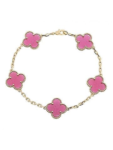 Van Cleef & Arpels Van Cleef &amp; Arpels Vintage Alhambra Pink Enamel 5-Motif Bracelet. 18K (Yellow Gold) Bracelet for Women. Gold/Pink Tone. VCARPQZI00 (view 1)