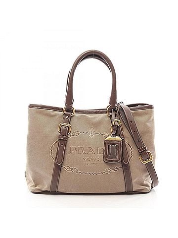 Prada Prada LOGO JACQUARD 2-Way Handbag, Canvas and Leather, Women's, Beige/Brown, BN2832 (view 1)